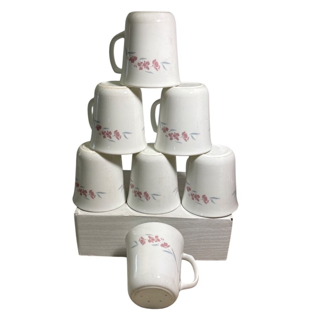 Corning Corelle Mugs Silk Blossoms Set of 7 Pink Floral Vintage Read